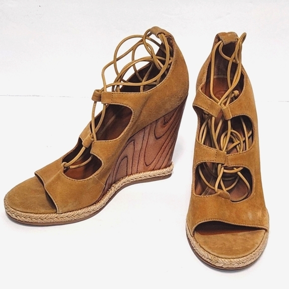 Tory Burch Raya Suede Lace Up Wedges Sandals - Picture 2 of 11
